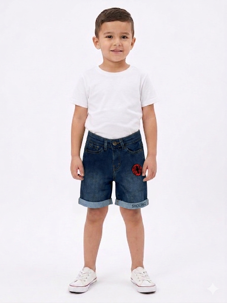 Boys' Denim Shorts with Cuffed Spider & Graphic Patch