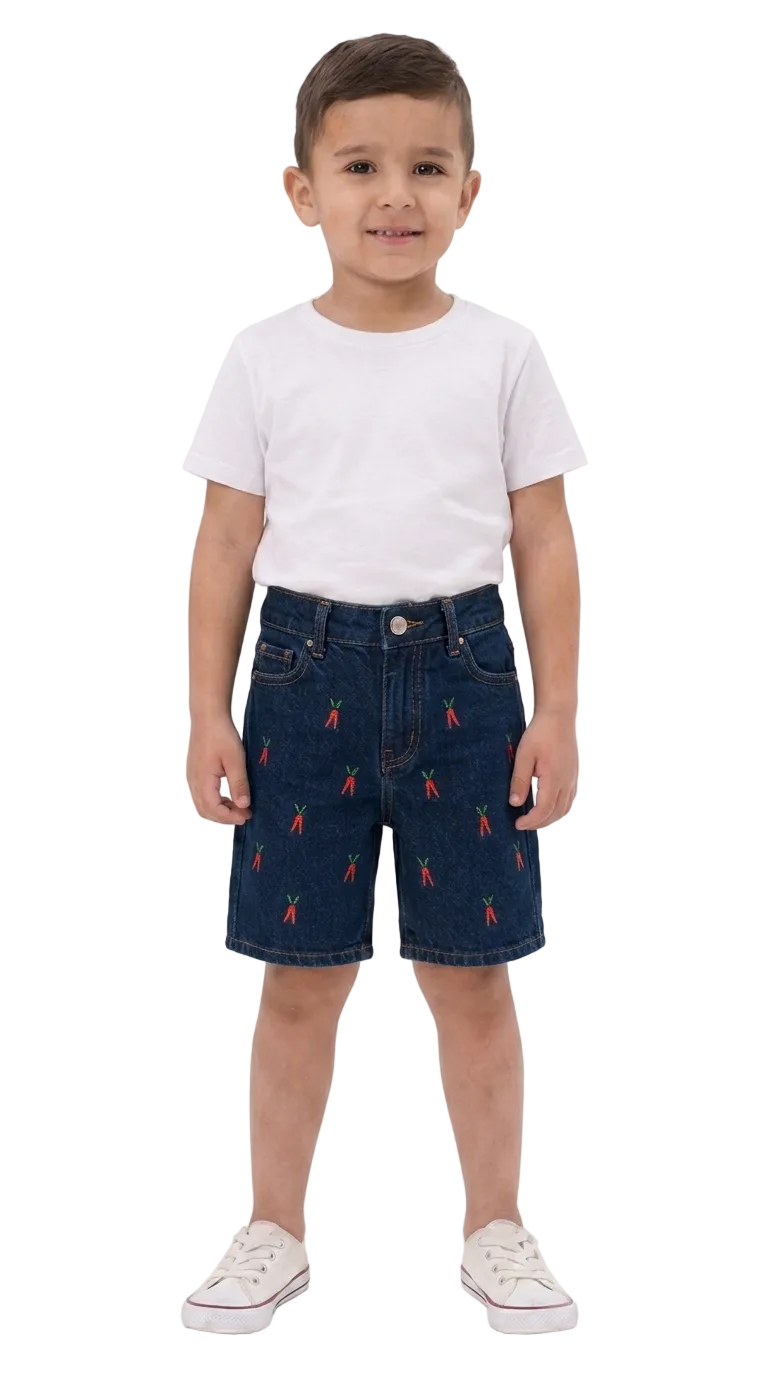 Boys' Embroidered Denim Shorts - Carrot Motif