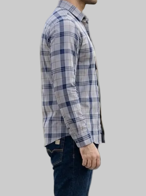 Classic Grey Plaid Long Sleeve Shirt with Navy Bold Strips