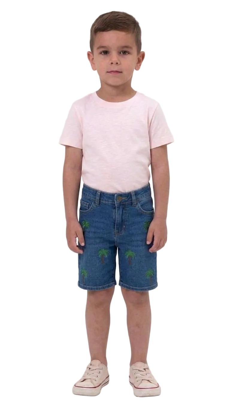 Premium Embroidered Palm Motif Denim Shorts for Kids