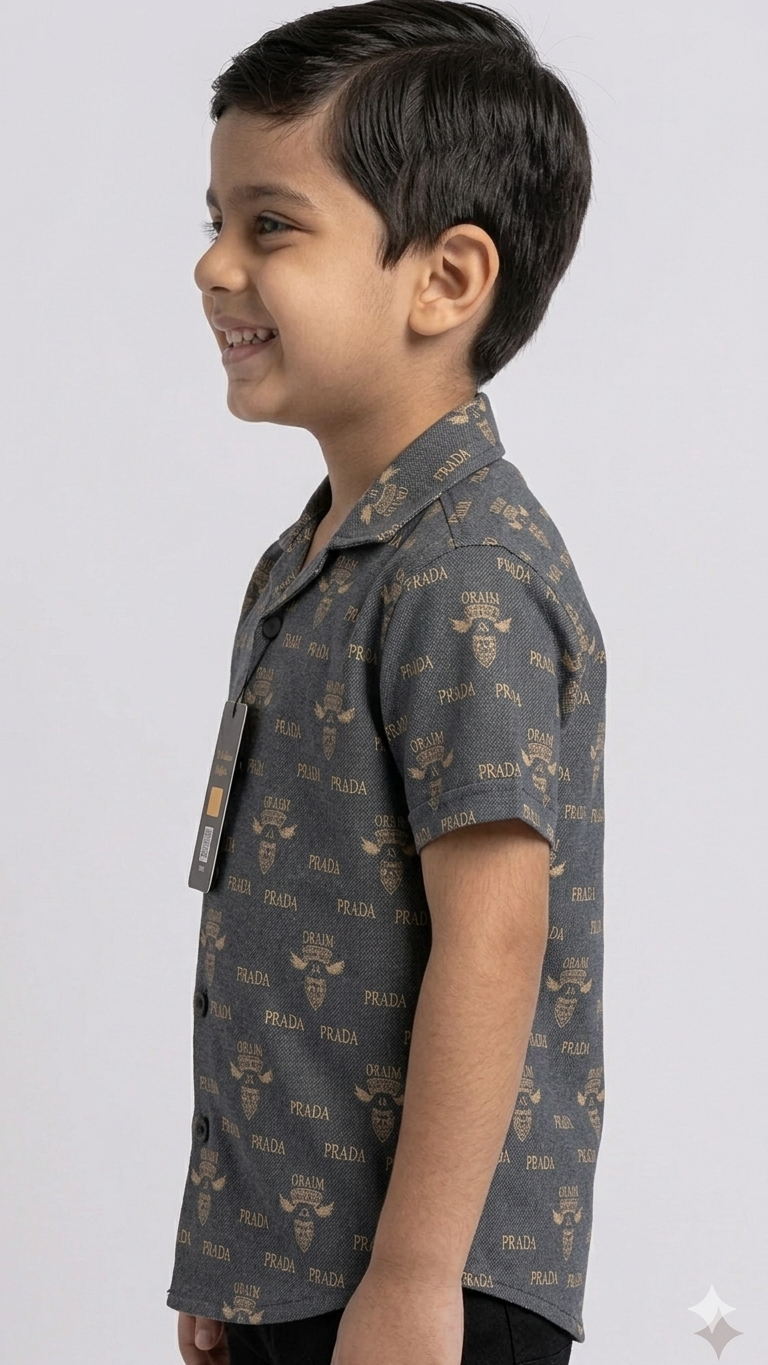 Boys' "Prada Milano" Luxury Print Button-Down Shirt (Dark Grey)
