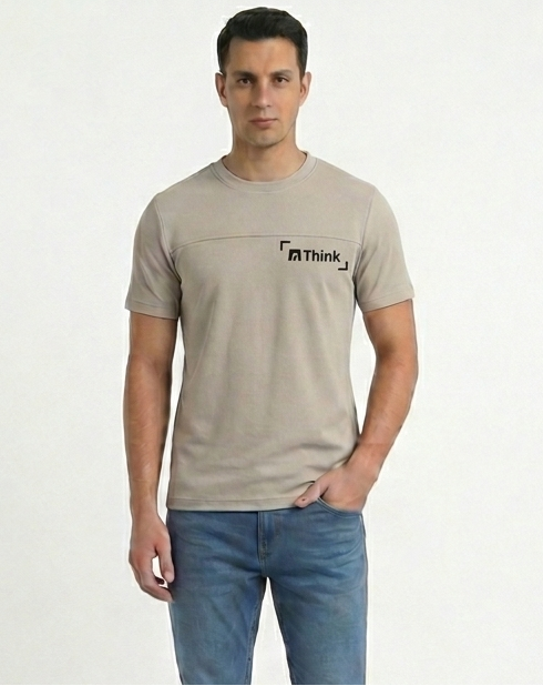 Men’s Imported Beige Crew Neck T-Shirt with Chest Pocket