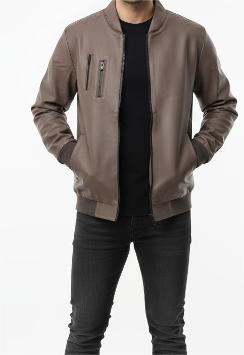 Zip Up Grey-Brown Vegan Leather Jacket