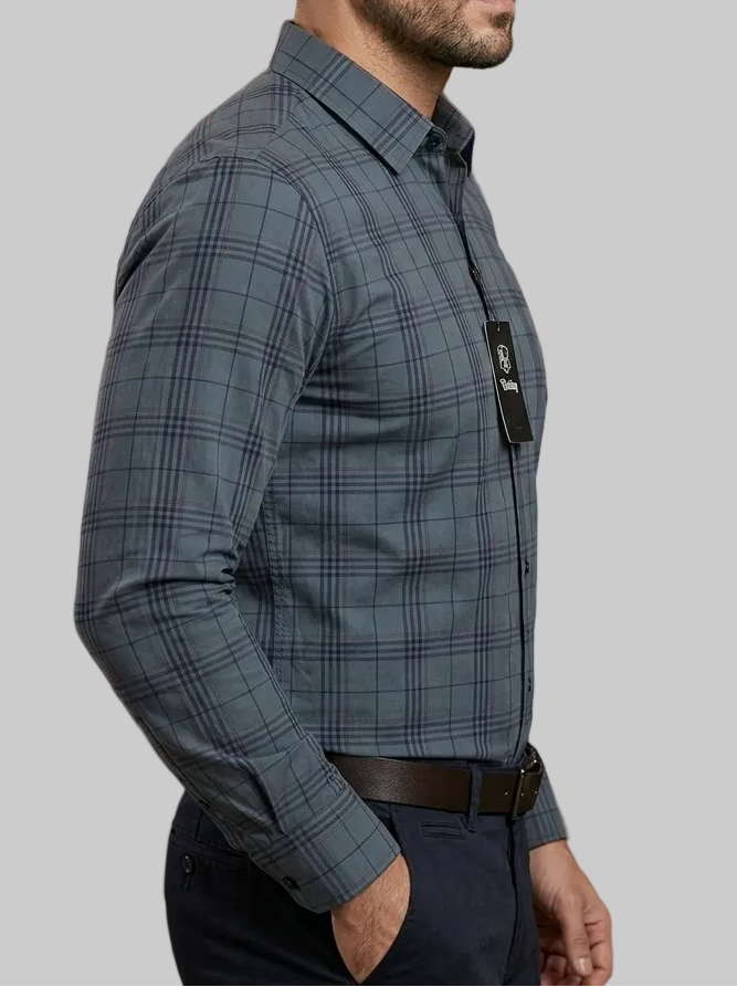 Men's Premium Grey and Navy Plaid Fitted Shirt