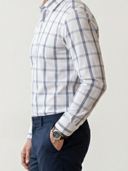 Men's Modern-Fit Slate Grey and Navy Checked Shirt