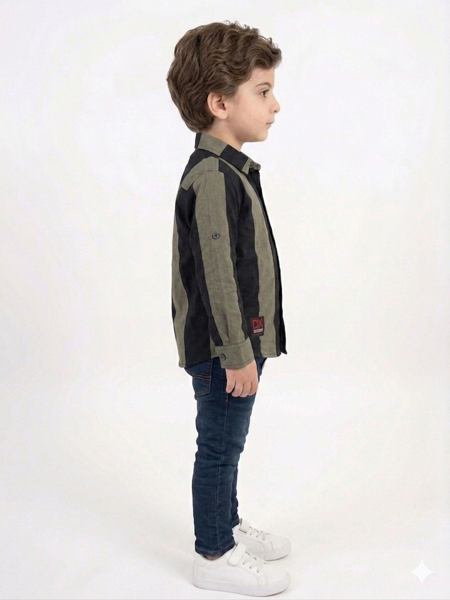 Boys Olive Green and Black Vertical Stripe Shirt