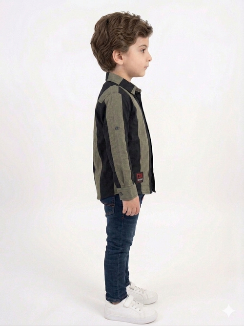 Boys Olive Green and Black Vertical Stripe Shirt