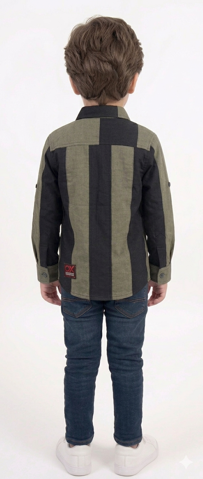 Boys Olive Green and Black Vertical Stripe Shirt