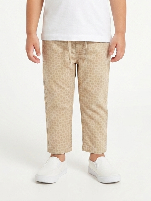 Beige Geometric Print Cotton Trousers – Casual Fit