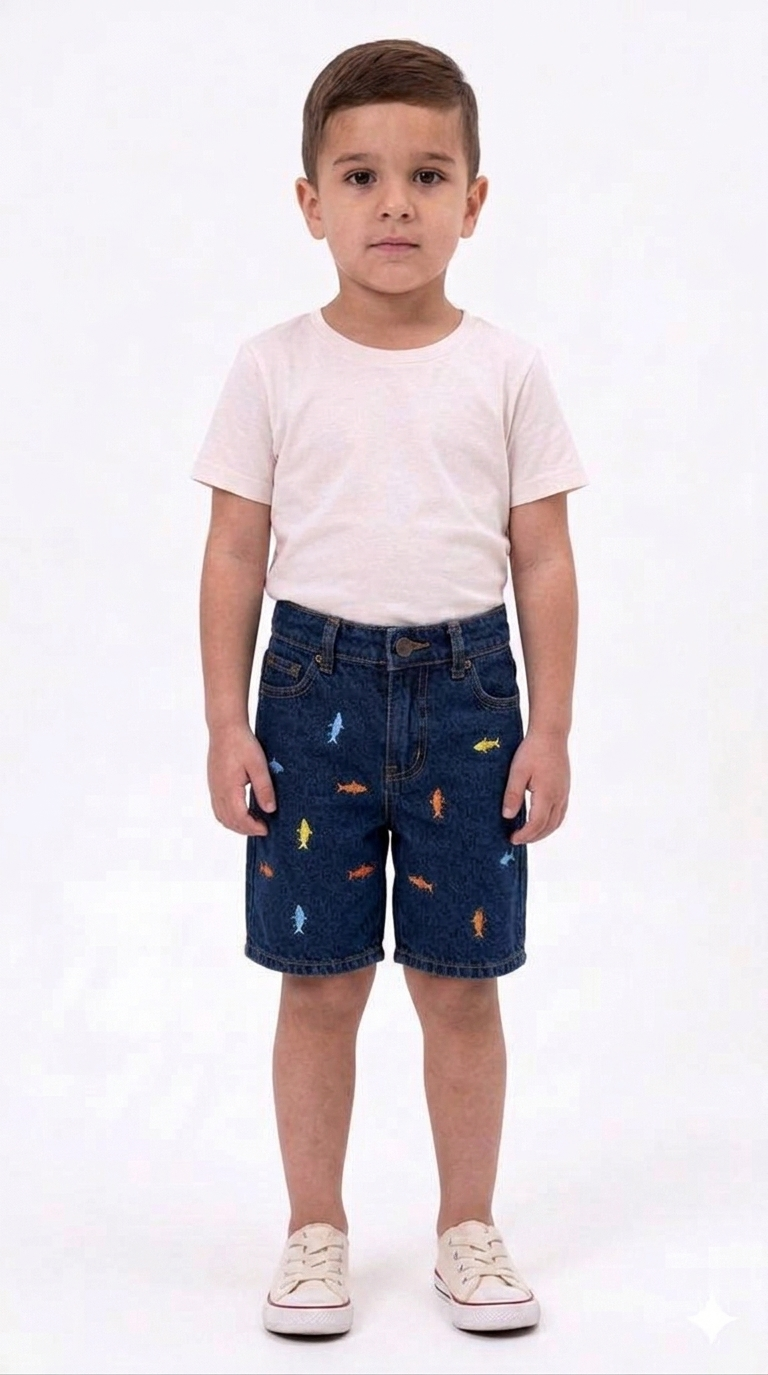 Kids' Fun Shark-Embroidered Denim Shorts