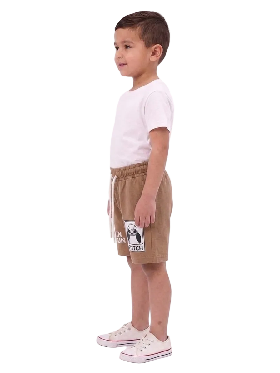 Boys' Brown Casual Shorts – "Fun in the Sun" Stitch Graphic Print