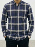 Men's Slim-Fit Midnight Navy and Charcoal Plaid Shirt