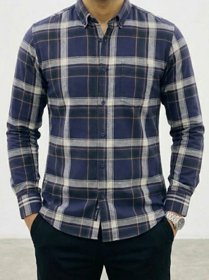 Men's Slim-Fit Midnight Navy and Charcoal Plaid Shirt