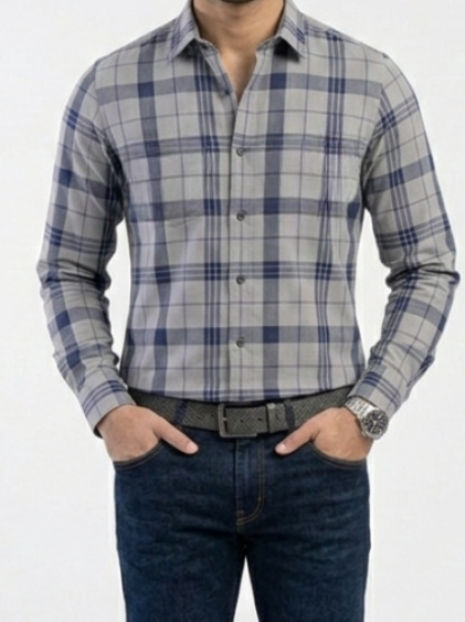 Classic Grey Plaid Long Sleeve Shirt with Navy Bold Strips