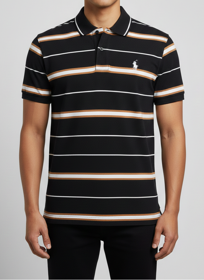 Men's Short Sleeve Horizontal Stripe Polo Cotton Blend - Black/Gold