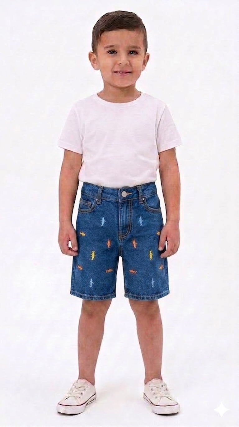 Kids' Fun Shark-Embroidered Denim Shorts
