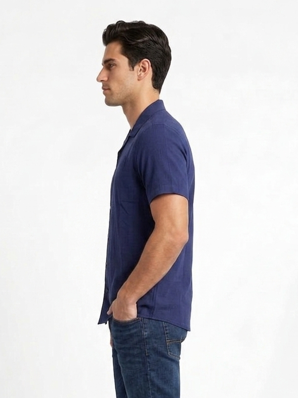 Men's Premium Navy Blue Cuban Collar Short Sleeve Shirt