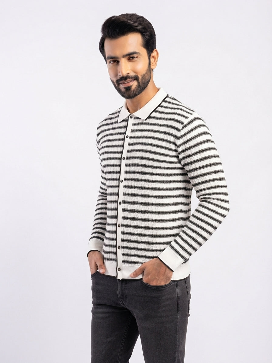 Men's Imported Striped Full Sleeves T-Shirt with Titch Buttons