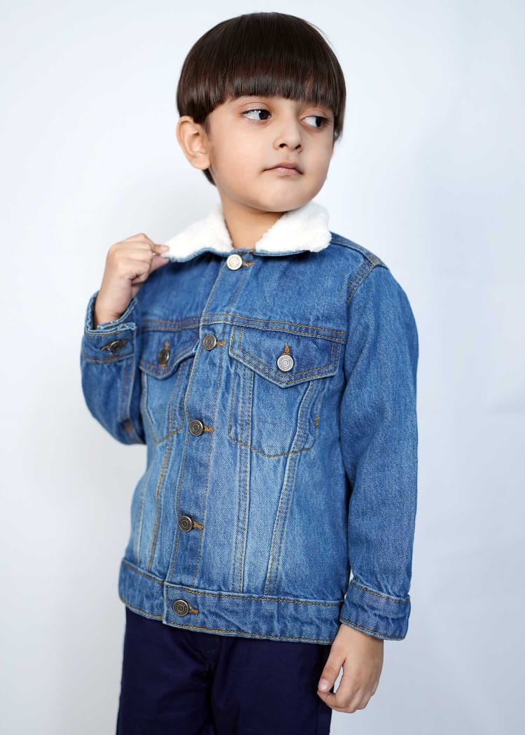 Kids mid blue denim jacket with a white collar, perfect for stylish play and everyday wear.