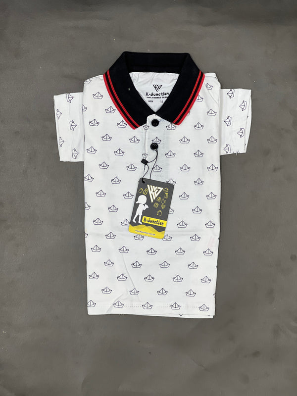 White Printed Polo For Boys