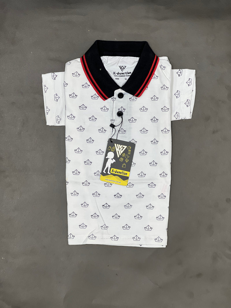 White Printed Polo For Boys