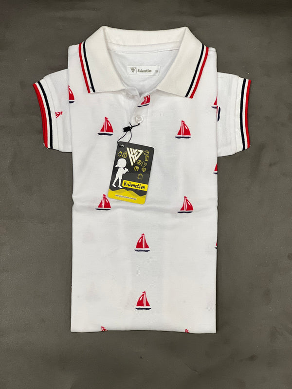 White Printed Polo For Boys