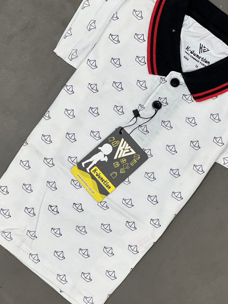 White Printed Polo For Boys
