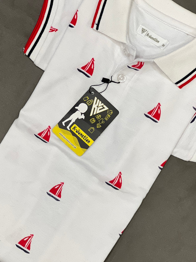 White Printed Polo For Boys