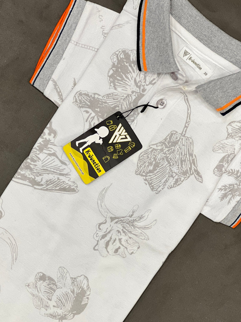 White Printed Polo For Boys