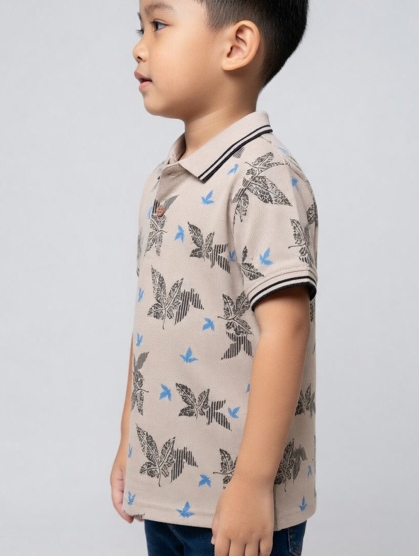 Boys' Casual White Polo – Tropical Leaf Pattern