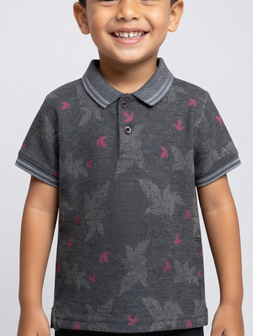 Boys' Casual White Polo – Tropical Leaf Pattern