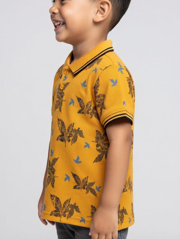 Boys' Casual White Polo – Tropical Leaf Pattern