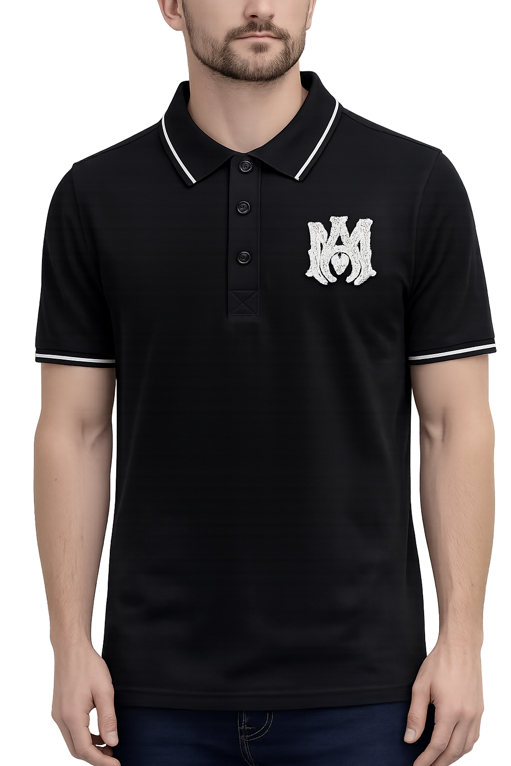 Classic Fit Black Short-Sleeve Black Tipped Monogram Polo