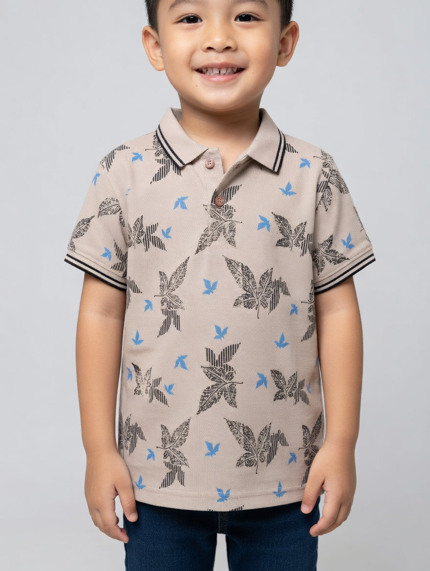 Boys' Casual White Polo – Tropical Leaf Pattern