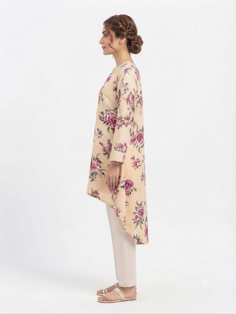 Elegant Floral Print High-Low Tunic - Beige