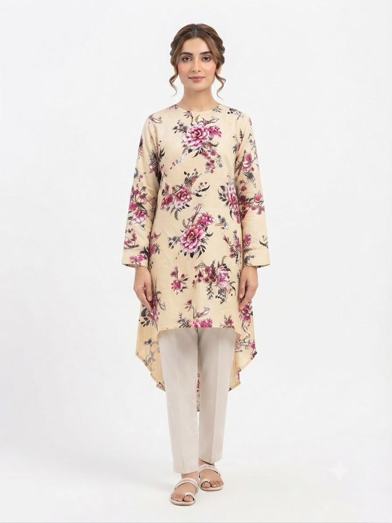 Elegant Floral Print High-Low Tunic - Beige