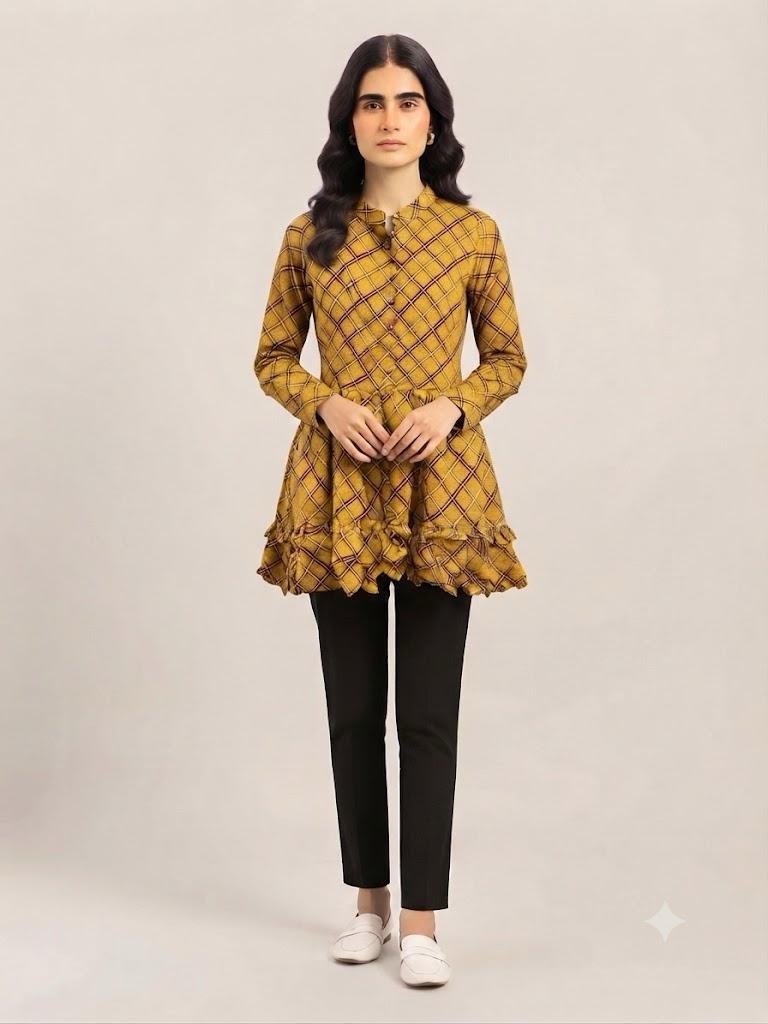 Ready-to-Wear Mustard Plaid Peplum Top