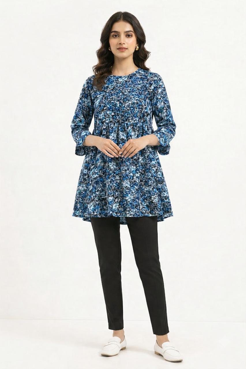 Abstract Blue Patterned Peplum Top