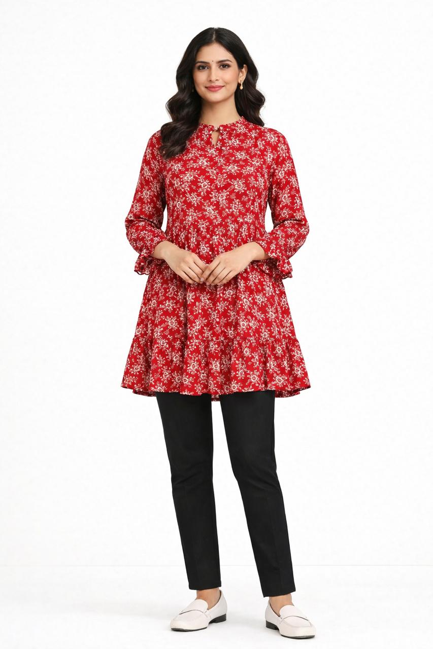 Casual Red Printed Ruffle-Hem Tunic
