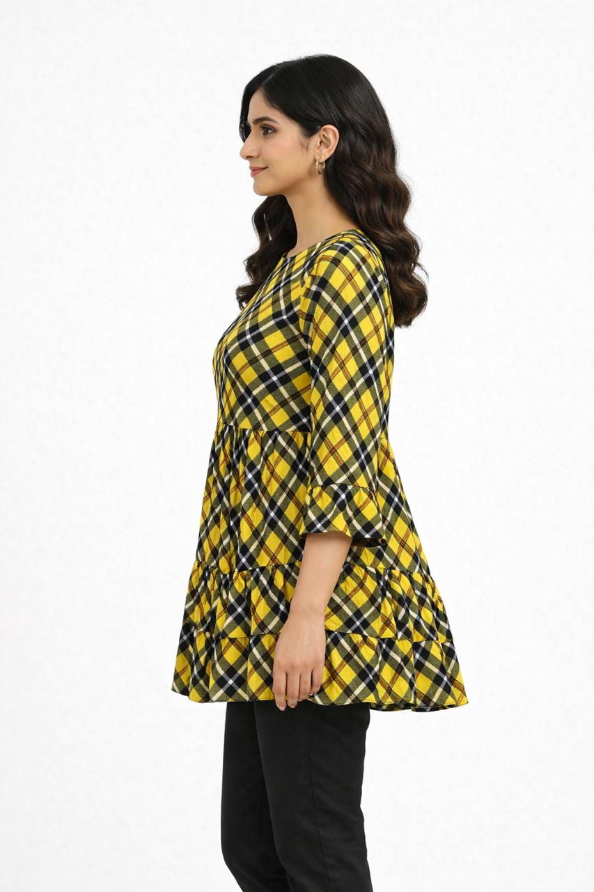 Checkered Print Ruffle-Hem Tunic