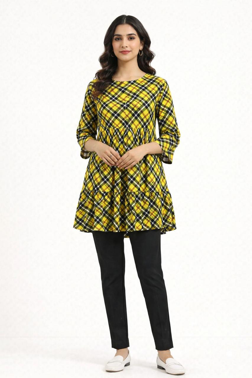 Checkered Print Ruffle-Hem Tunic
