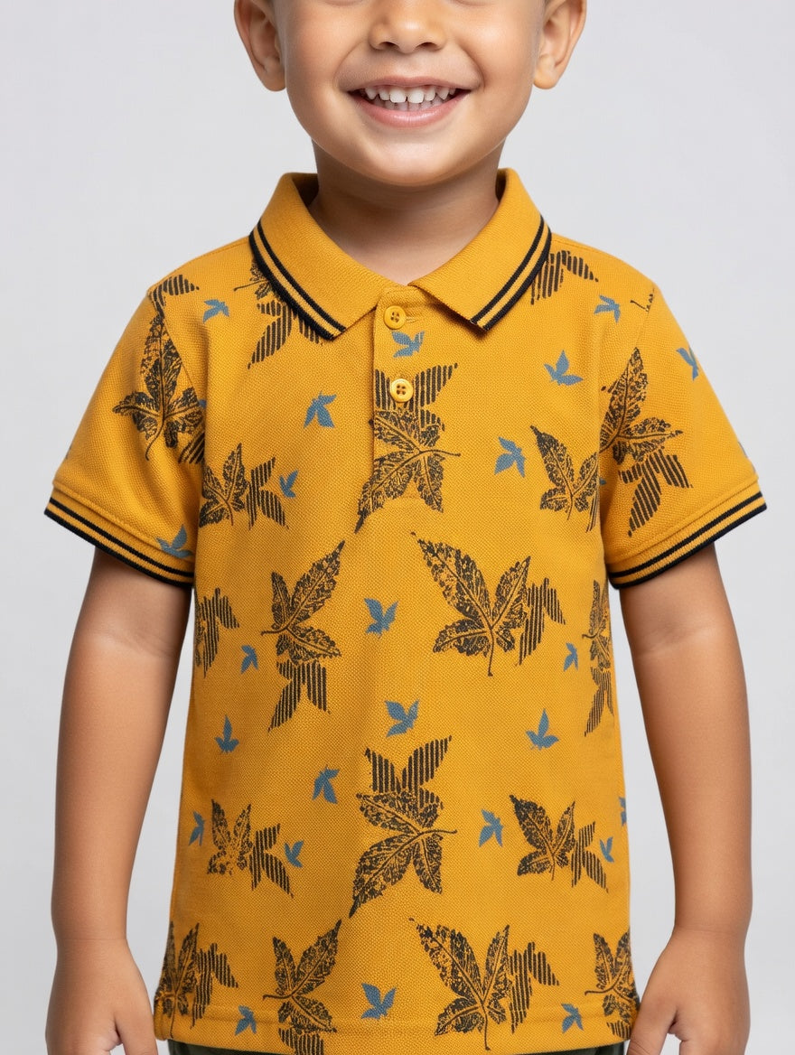 Boys' Casual White Polo – Tropical Leaf Pattern