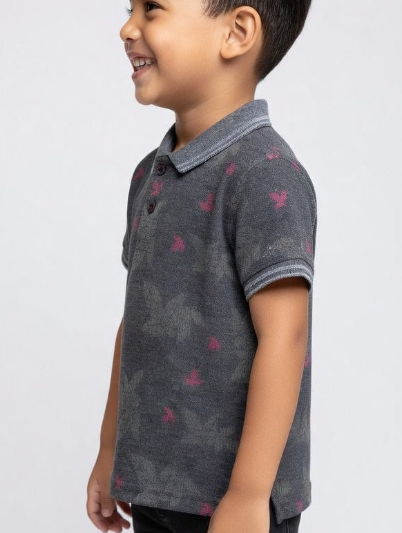 Boys' Casual White Polo – Tropical Leaf Pattern