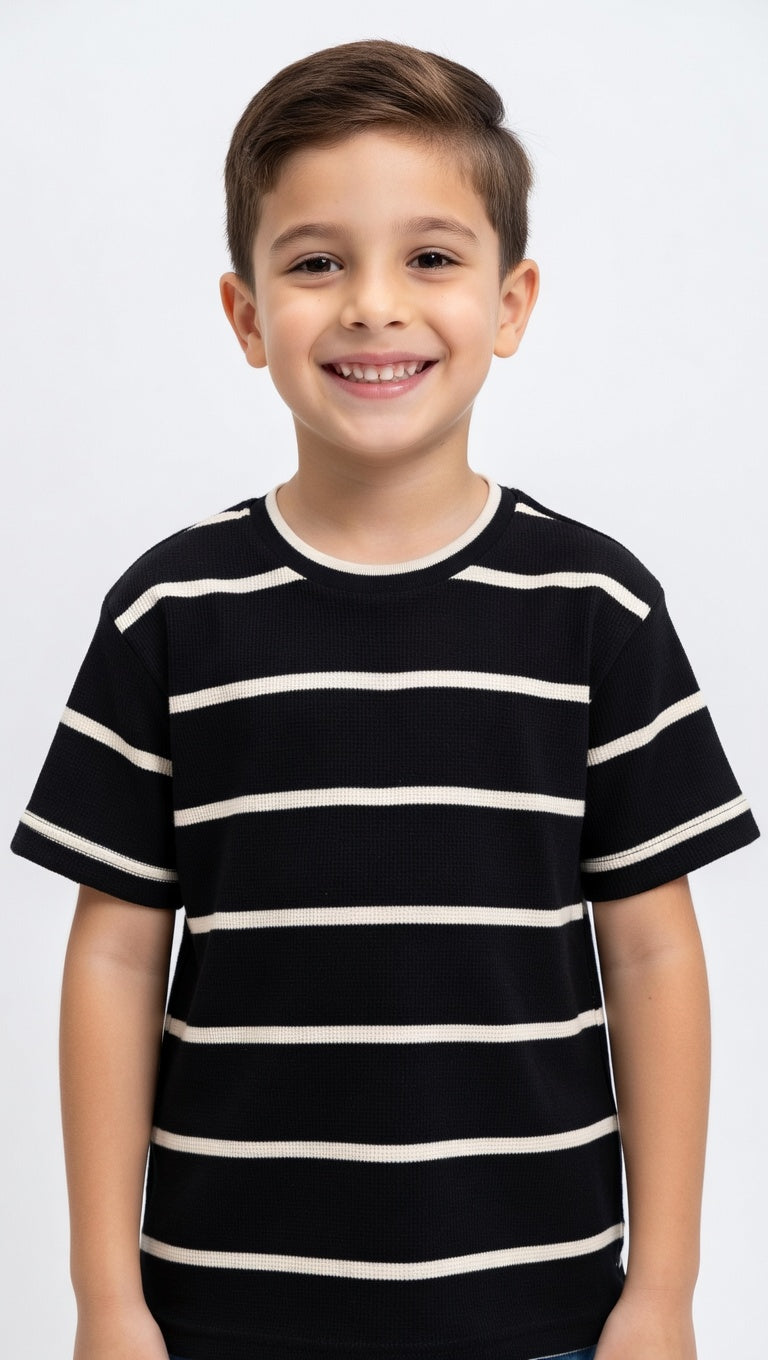 Classic Striped Black Crewneck Tee For Kids