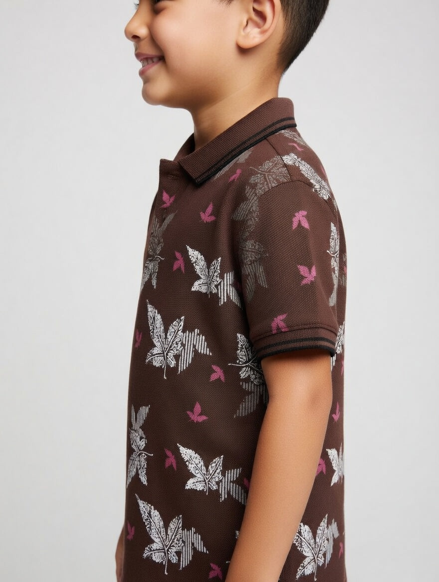 Boys' Casual White Polo – Tropical Leaf Pattern