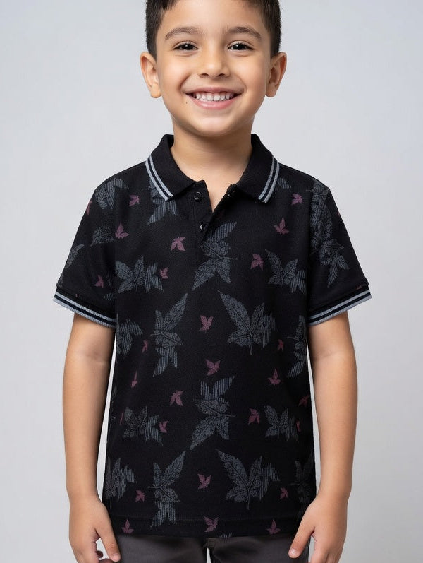 Boys' Casual White Polo – Tropical Leaf Pattern