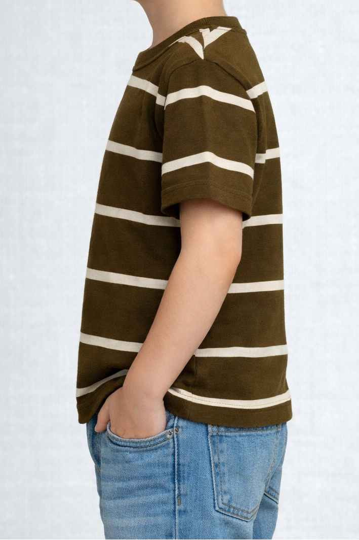 Classic Striped Olive GreenCrewneck Tee For Kids
