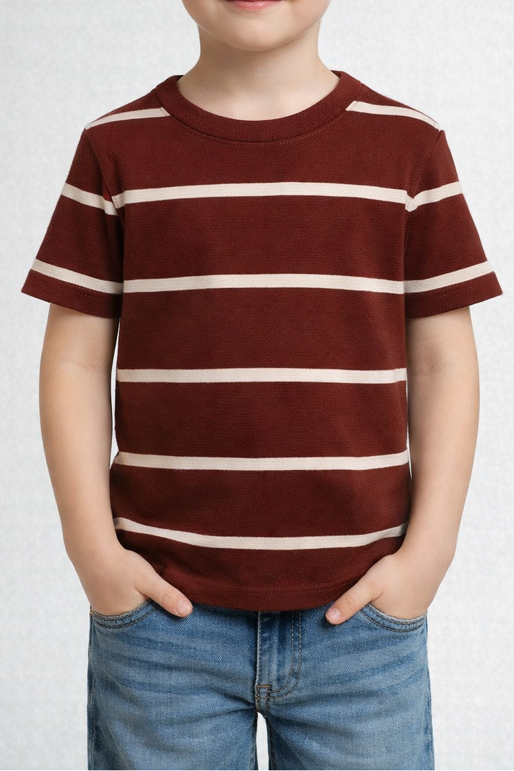 Classic Striped Dark Brown Crewneck Tee For Kids