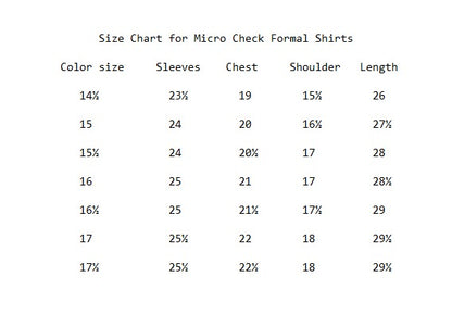 Size chart for Micro Check Formal Shirts, detailing measurements for sleeves, chest, shoulder, and length.