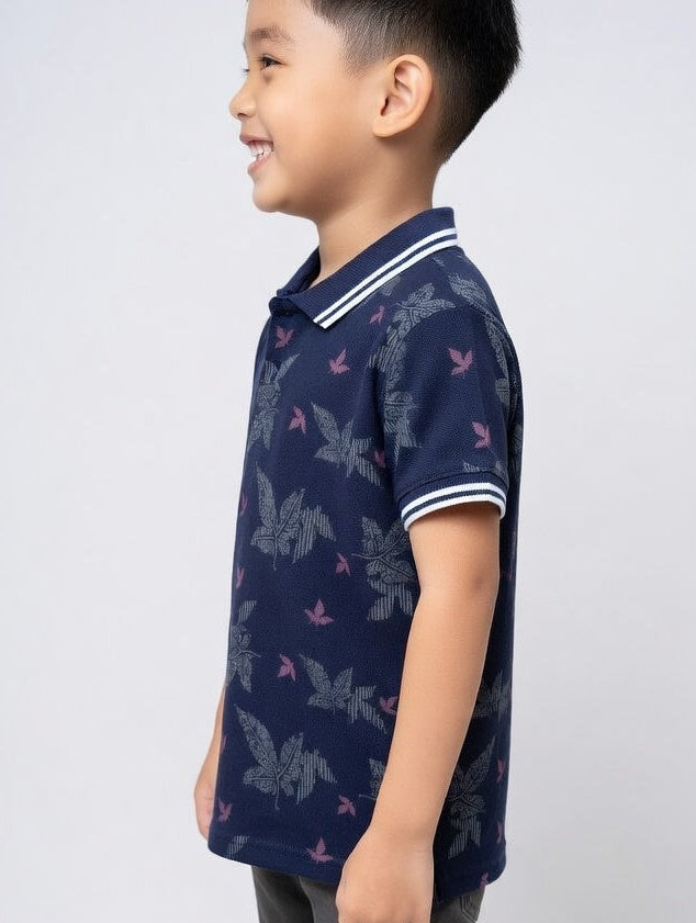 Boys' Casual White Polo – Tropical Leaf Pattern